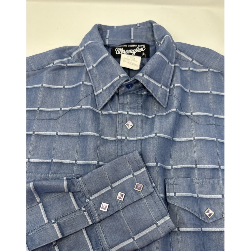 Wrangler Western Shirt Mens L Blue Textured Grid Pearl Snap Long Sleeve 75733BL